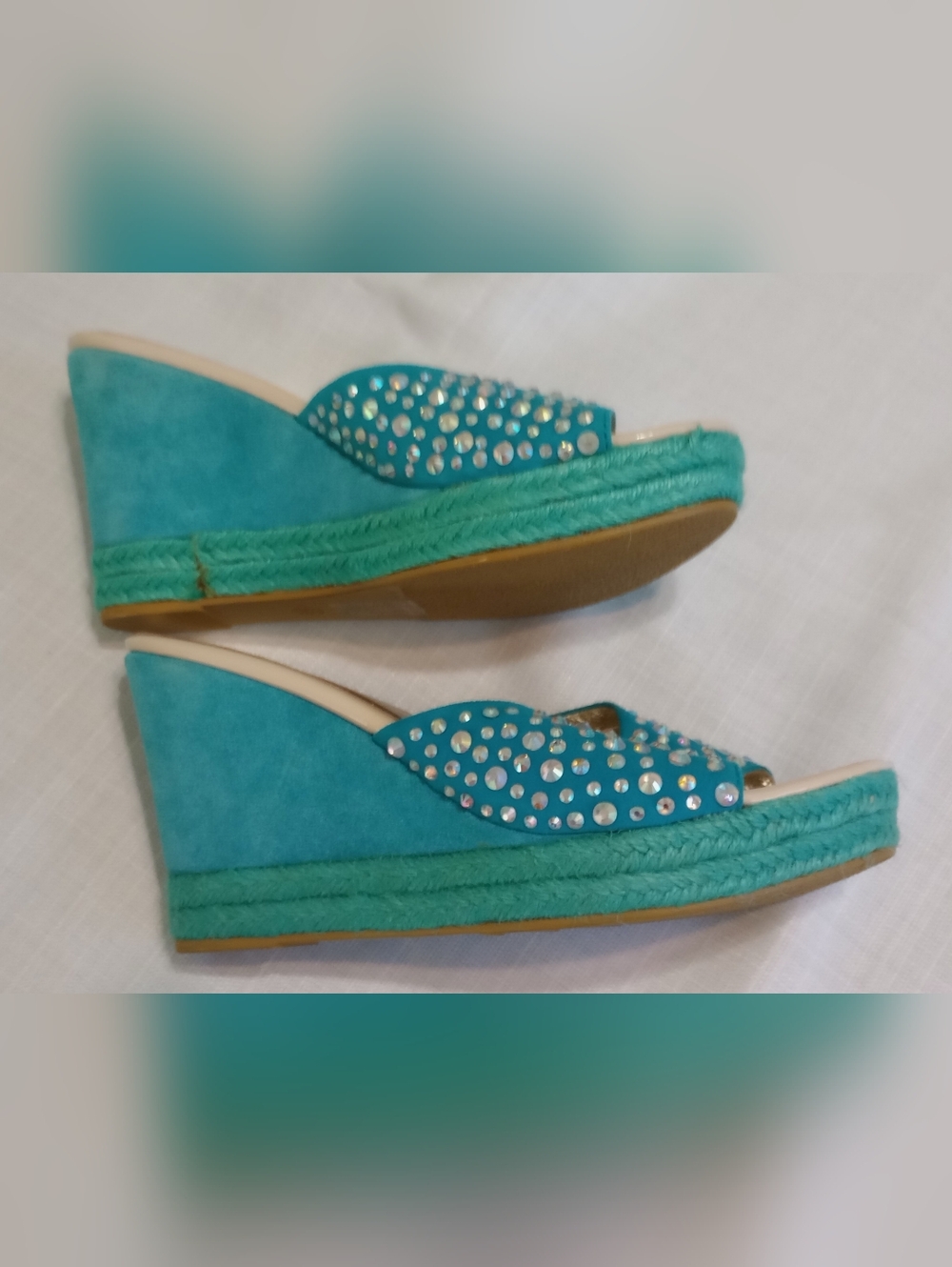 Crystal Embellished Turquoise Wedge Slides for Women - Picture 6 of 9
